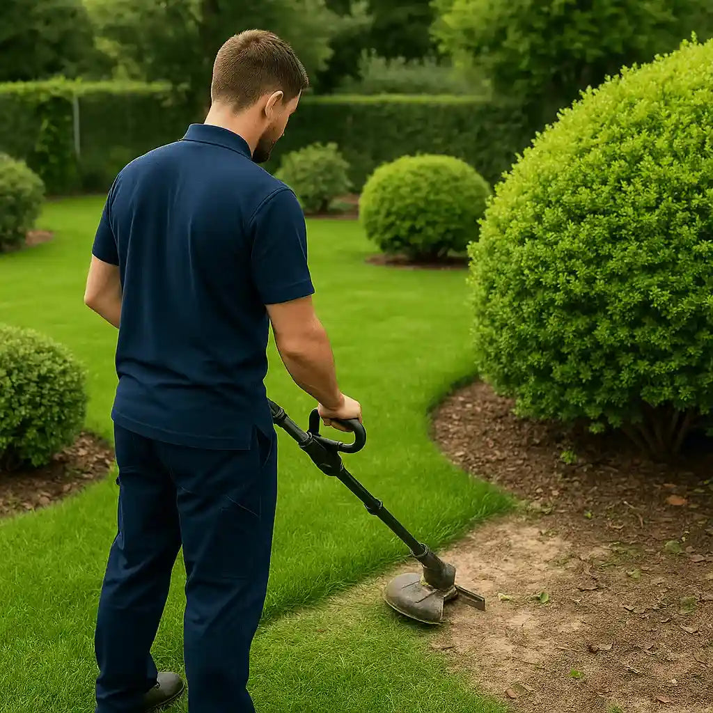 Man using a string trimmer in a garden with green grass and bushes.